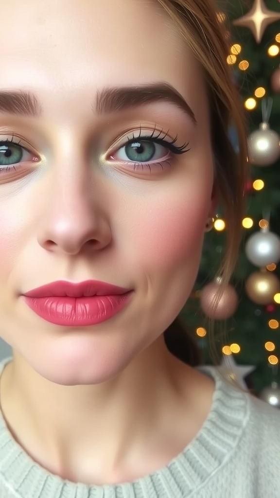 Minimalist Christmas makeup with glowing skin, soft blush, and natural eyes, set against a festive background.